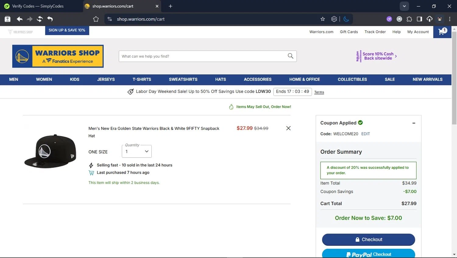 Golden State Warriors Shop promo code screenshot showing code welcome20 applied at Golden State Warriors Shop checkout page. Uploaded by SimplyCodes community member BrilliantTitan6909 on Sep 1, 2025