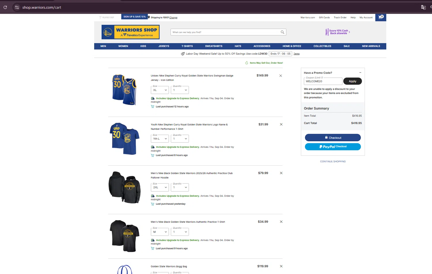 Golden State Warriors Shop promo code screenshot showing code welcome20 applied at Golden State Warriors Shop checkout page. Uploaded by SimplyCodes community member johangonzalez1 on Sep 1, 2025