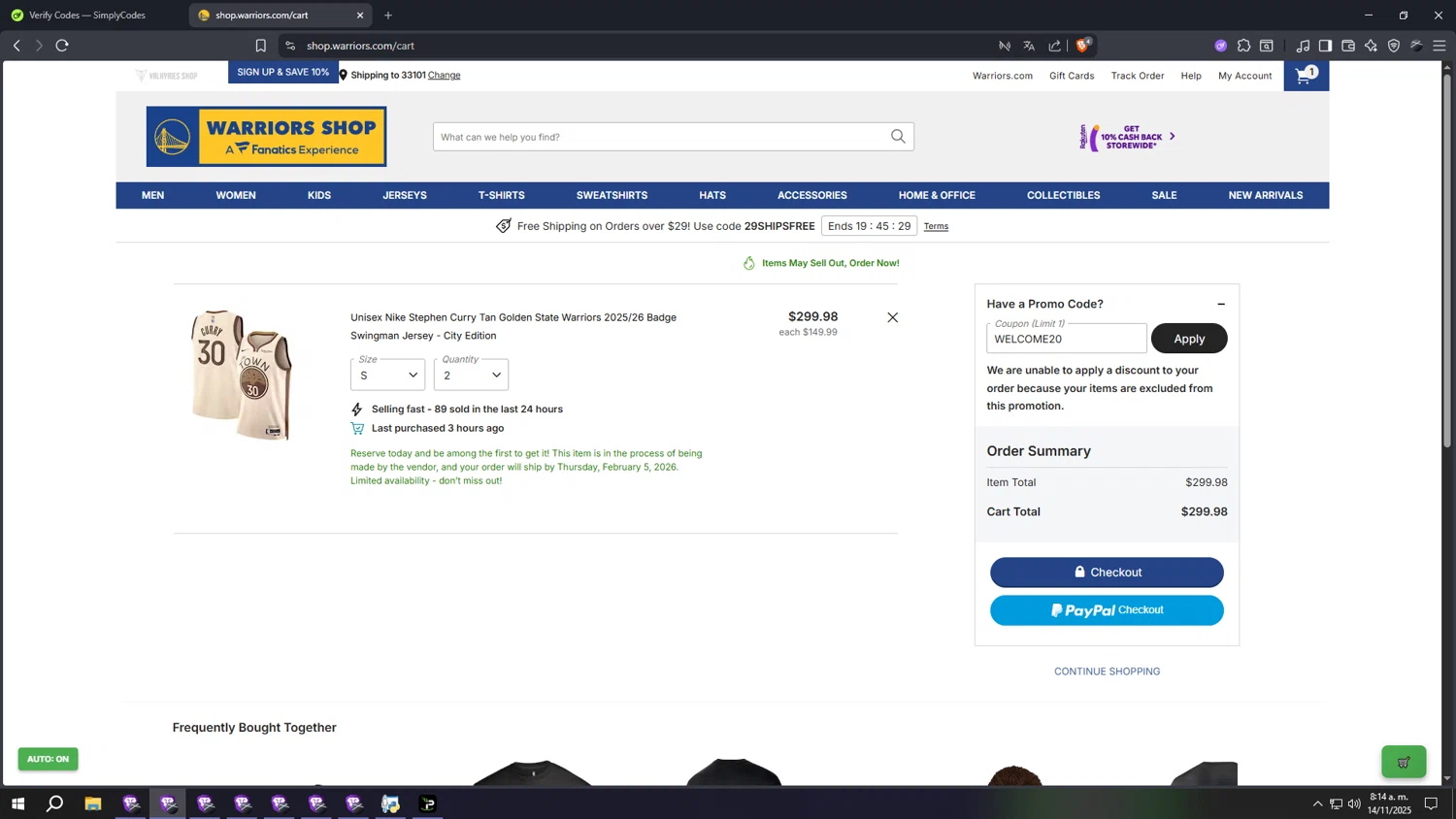Golden State Warriors Shop promo code screenshot showing code welcome20 applied at Golden State Warriors Shop checkout page. Uploaded by SimplyCodes community member ooooooooooooooooooo on Nov 14, 2025