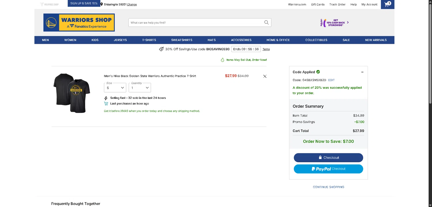 Golden State Warriors Shop checkout page showing Golden State Warriors Shop promo code box | Screenshot taken by SimplyCodes community member on Dec 8, 2025