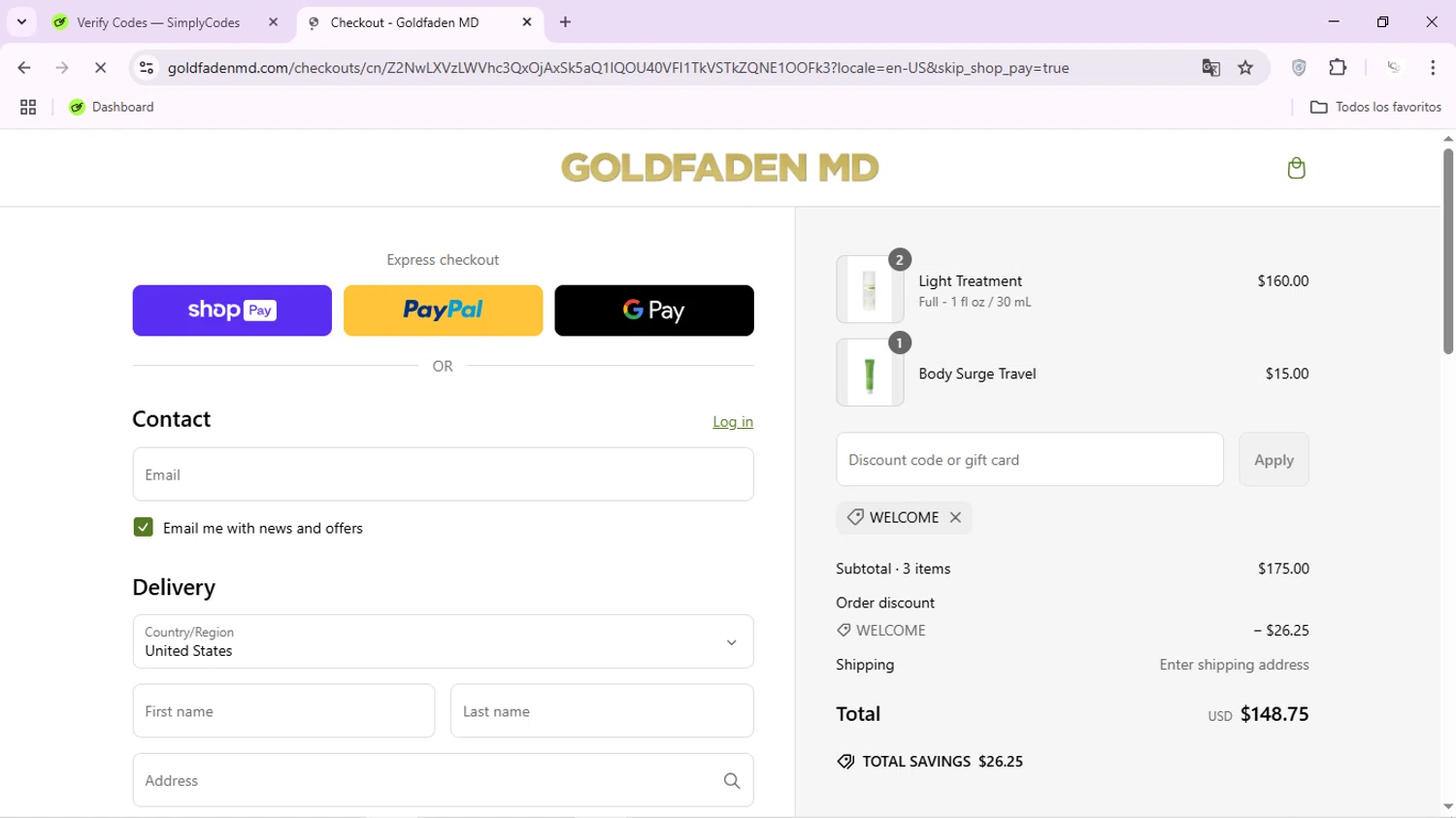 Goldfaden promo code screenshot showing code WELCOME applied at Goldfaden checkout page. Uploaded by SimplyCodes community member ScanSage643 on Mar 10, 2025
