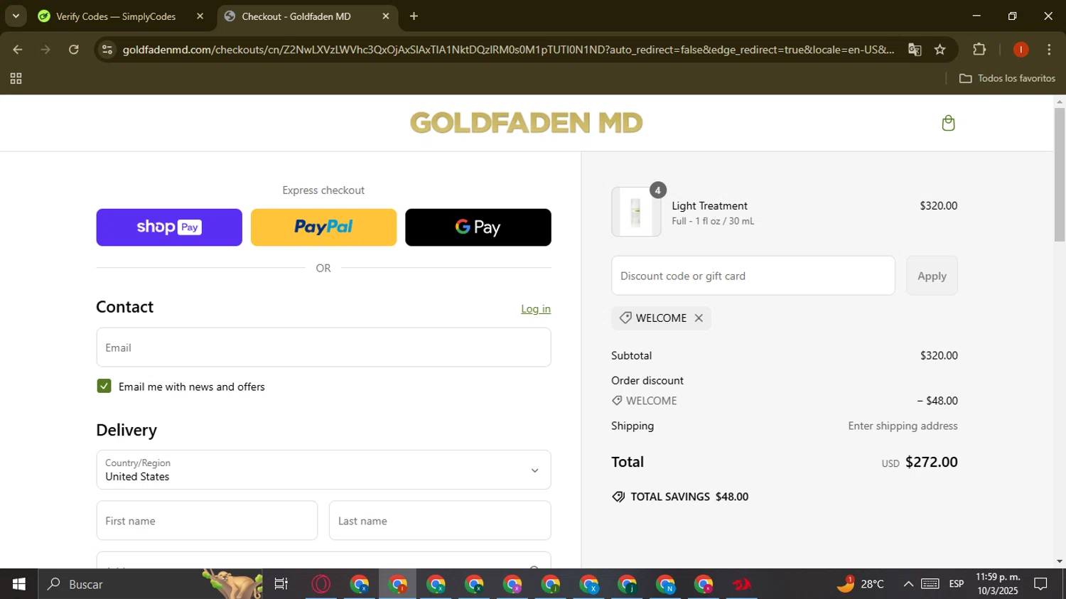 Goldfaden promo code screenshot showing code WELCOME applied at Goldfaden checkout page. Uploaded by SimplyCodes community member CouponAce3224 on Mar 11, 2025