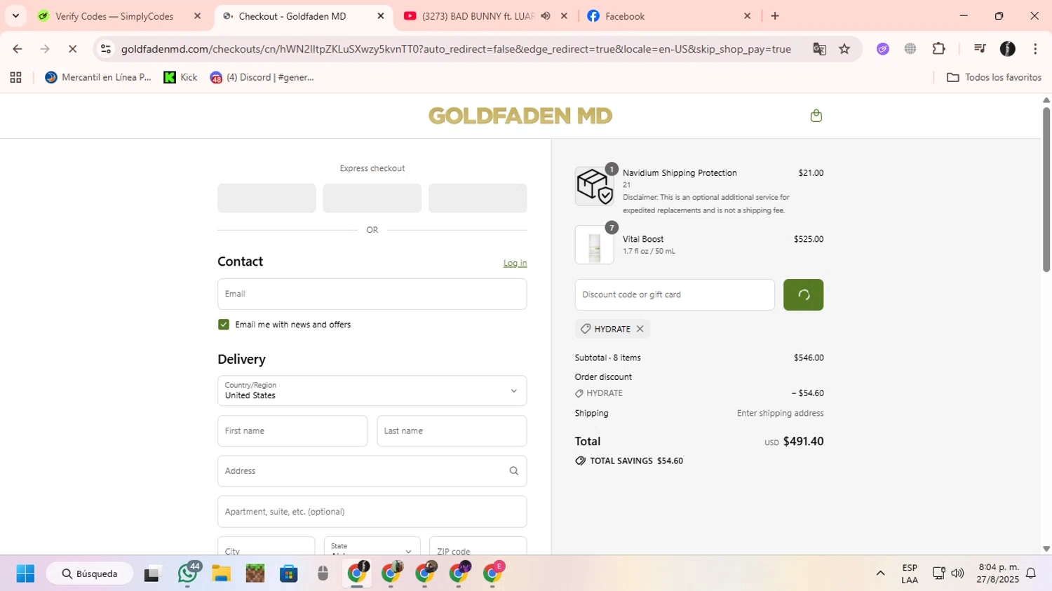 Goldfaden promo code screenshot showing code HYDRATE applied at Goldfaden checkout page. Uploaded by SimplyCodes community member ChinoYugiXD on Aug 28, 2025