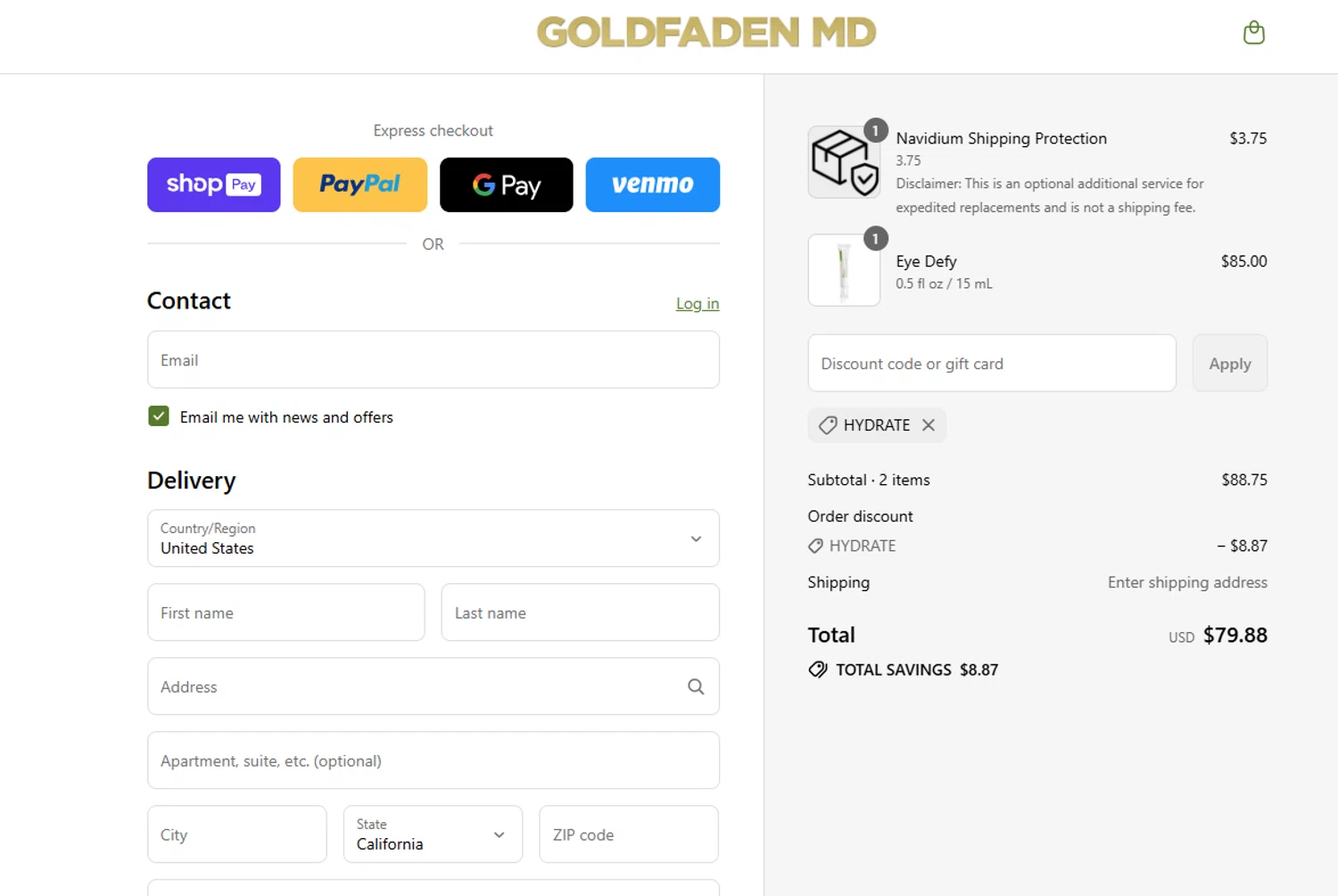 Goldfaden promo code screenshot showing code HYDRATE applied at Goldfaden checkout page. Uploaded by SimplyCodes community member Powerrangerazul on Aug 28, 2025