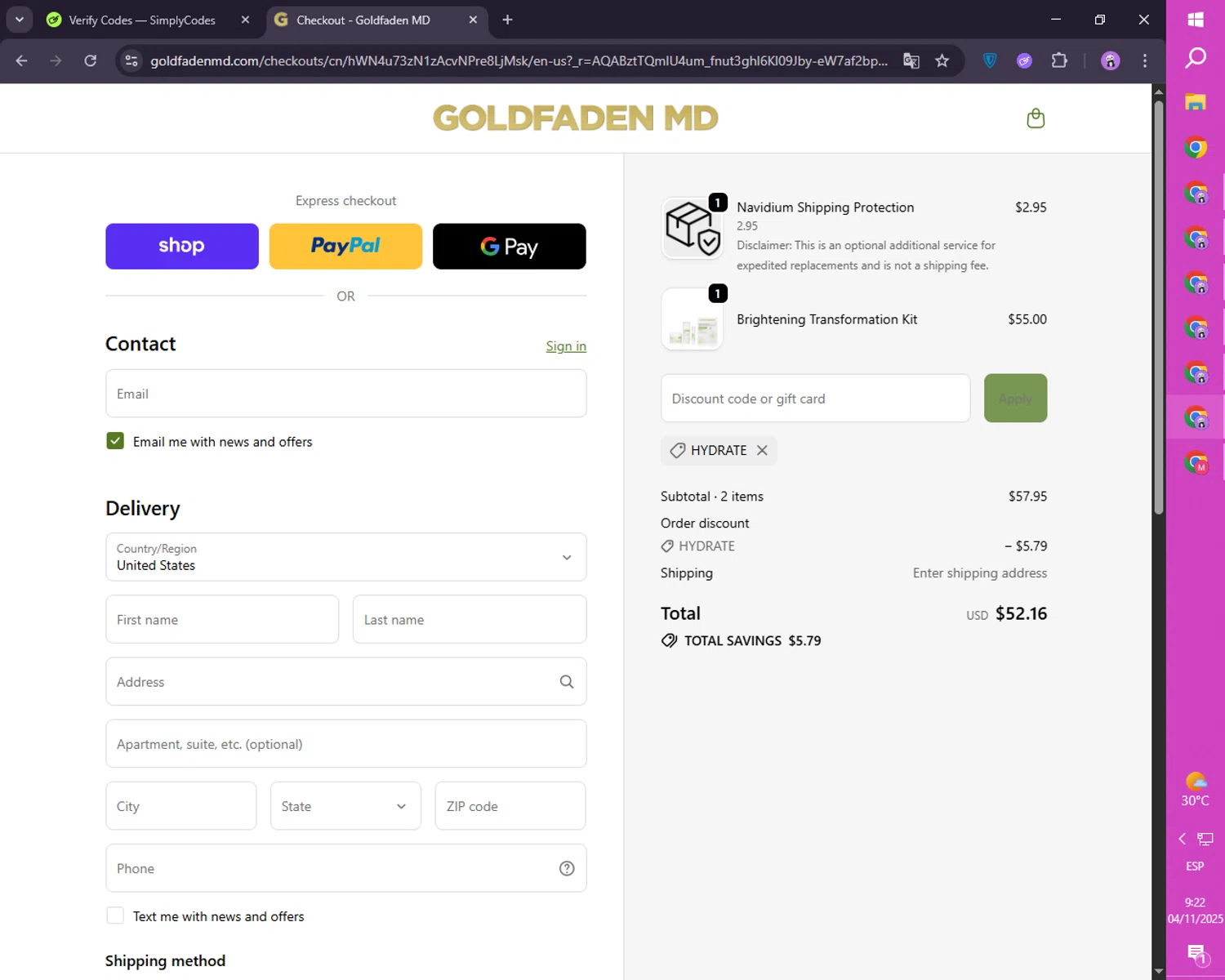 Goldfaden promo code screenshot showing code HYDRATE applied at Goldfaden checkout page. Uploaded by SimplyCodes community member SmartLion1183 on Nov 4, 2025