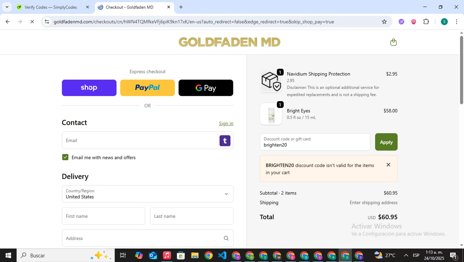 Goldfaden promo code screenshot showing code brighten20 applied at Goldfaden checkout page. Uploaded by SimplyCodes community member VictoriousPilot5281 on Oct 24, 2025