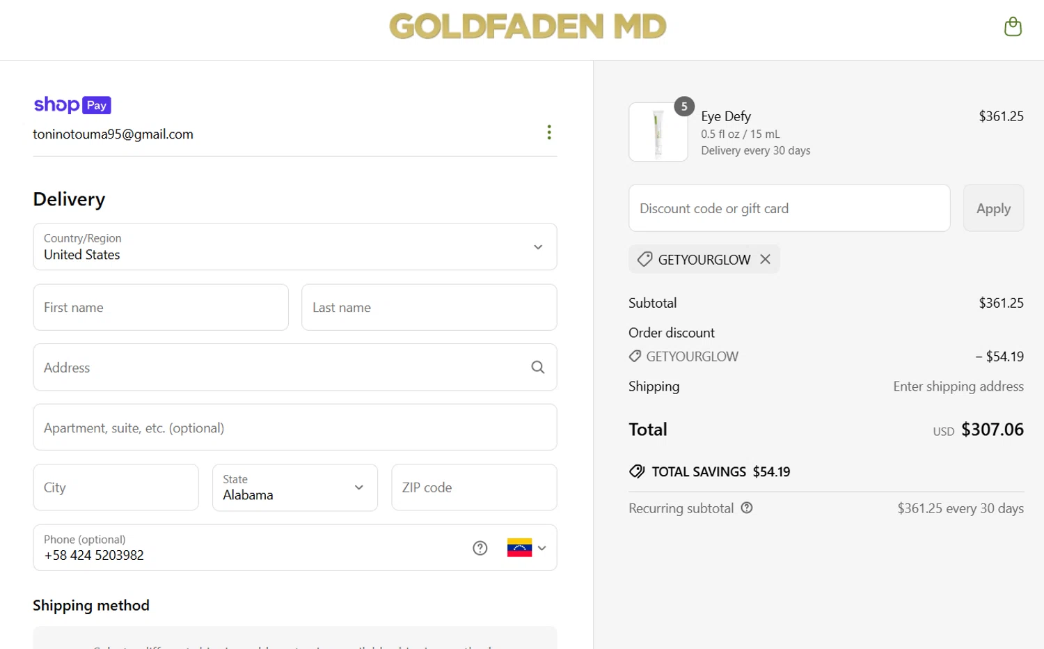 Goldfaden promo code screenshot showing code getyourglow applied at Goldfaden checkout page. Uploaded by SimplyCodes community member FortunateSpotter4996 on Jun 19, 2025