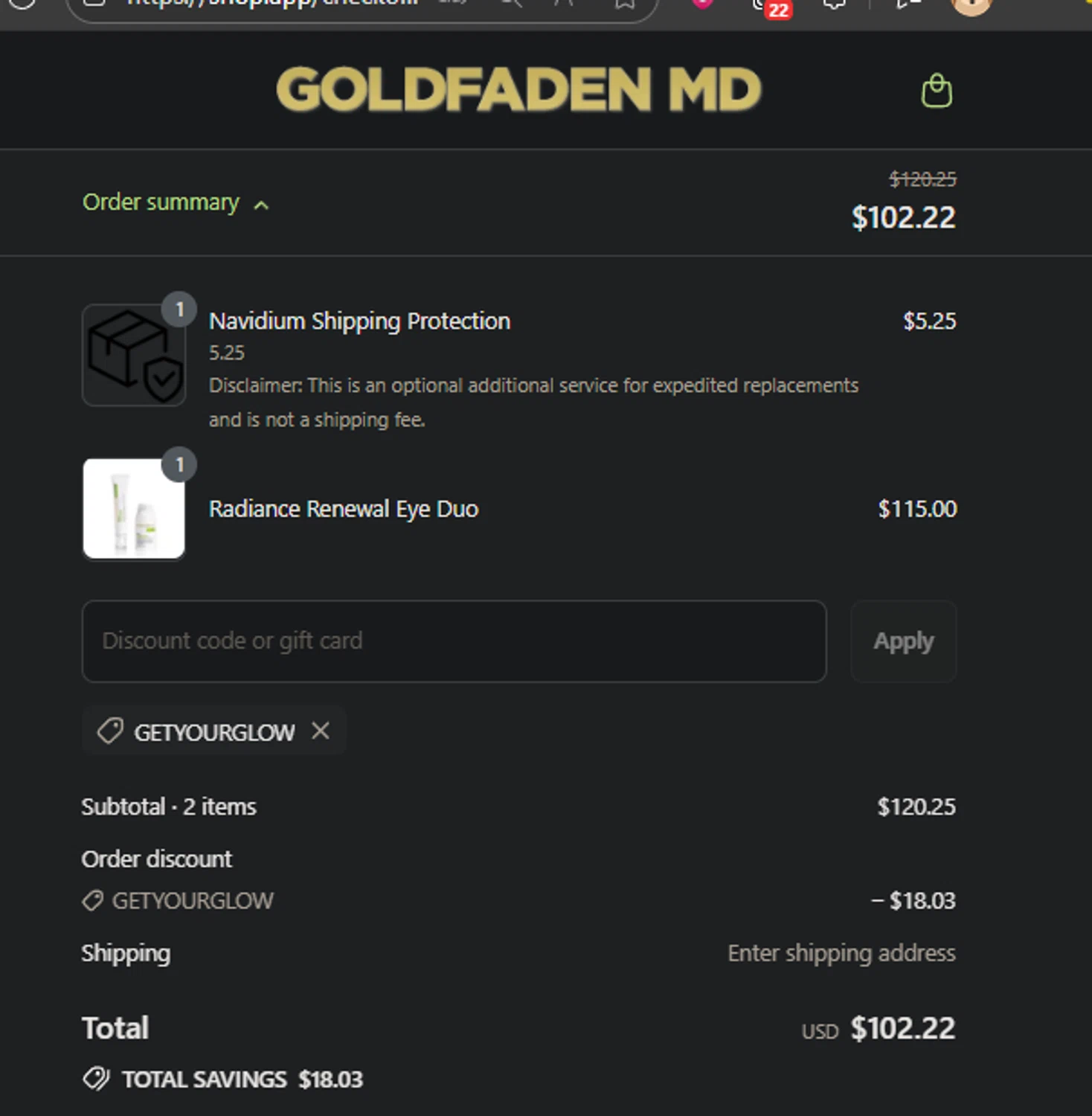 Goldfaden promo code screenshot showing code getyourglow applied at Goldfaden checkout page. Uploaded by SimplyCodes community member PedroNavaja on Sep 5, 2025