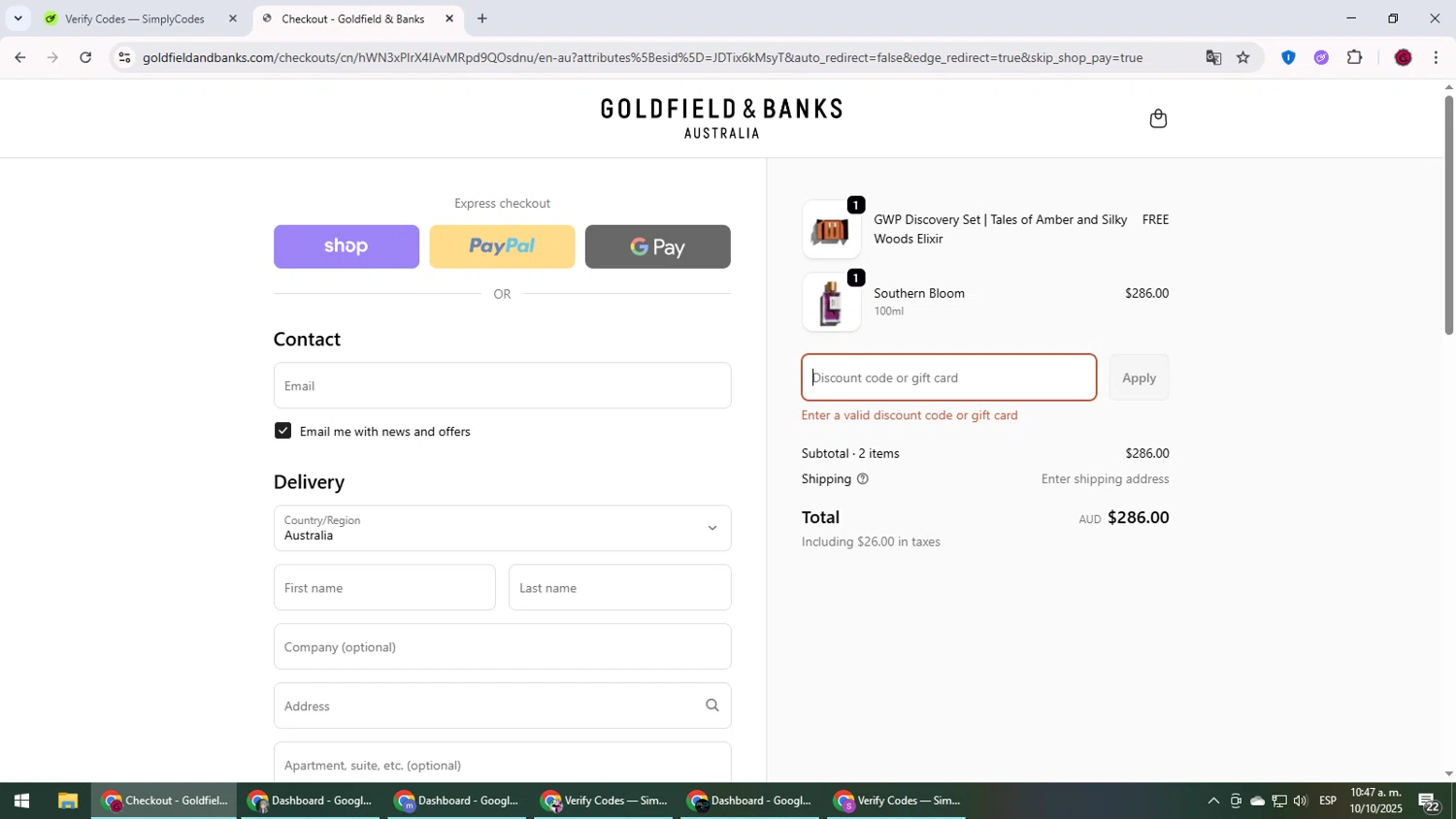 Goldfield & Banks promo code screenshot showing code WELCOMEG&B10 applied at Goldfield & Banks checkout page. Uploaded by SimplyCodes community member MightyLegend6657 on Oct 10, 2025