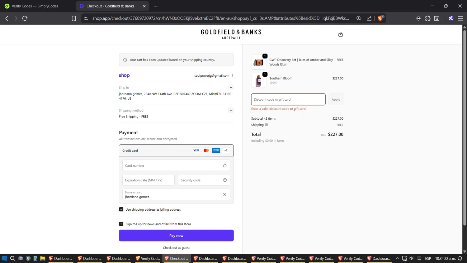 Goldfield & Banks promo code screenshot showing code WELCOMEG&B10 applied at Goldfield & Banks checkout page. Uploaded by SimplyCodes community member SoulPower on Oct 10, 2025