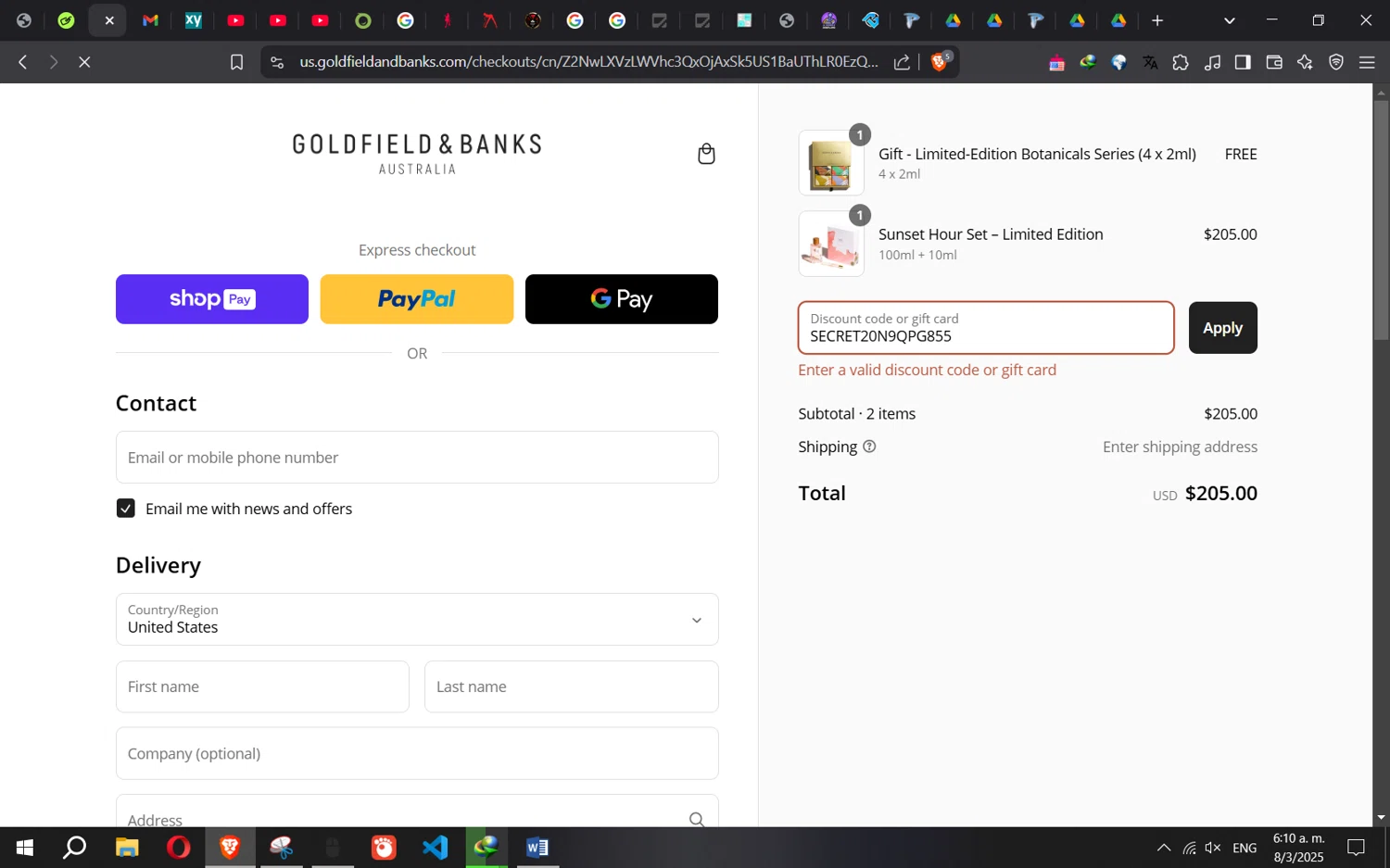 Goldfield & Banks promo code screenshot showing code SECRET20N9QPG855 applied at Goldfield & Banks checkout page. Uploaded by SimplyCodes community member Norman_KSD on Mar 8, 2025