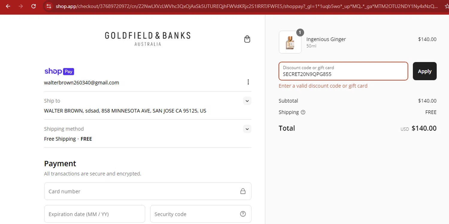 Goldfield & Banks promo code screenshot showing code SECRET20N9QPG855 applied at Goldfield & Banks checkout page. Uploaded by SimplyCodes community member kimberlinmartinez on Mar 8, 2025