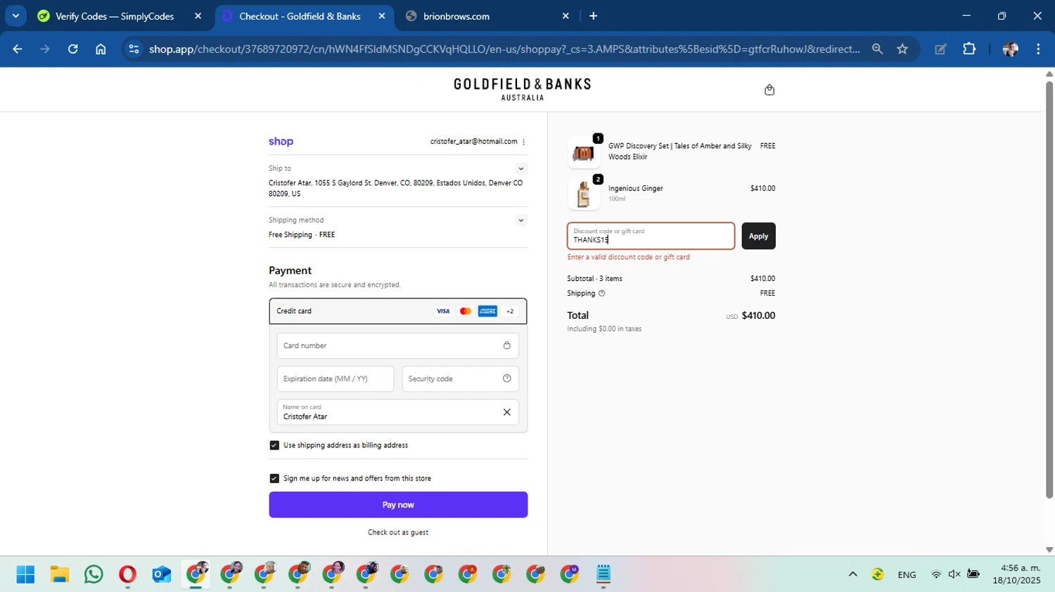 Goldfield & Banks promo code screenshot showing code THANKS15 applied at Goldfield & Banks checkout page. Uploaded by SimplyCodes community member DavidMGF on Oct 18, 2025