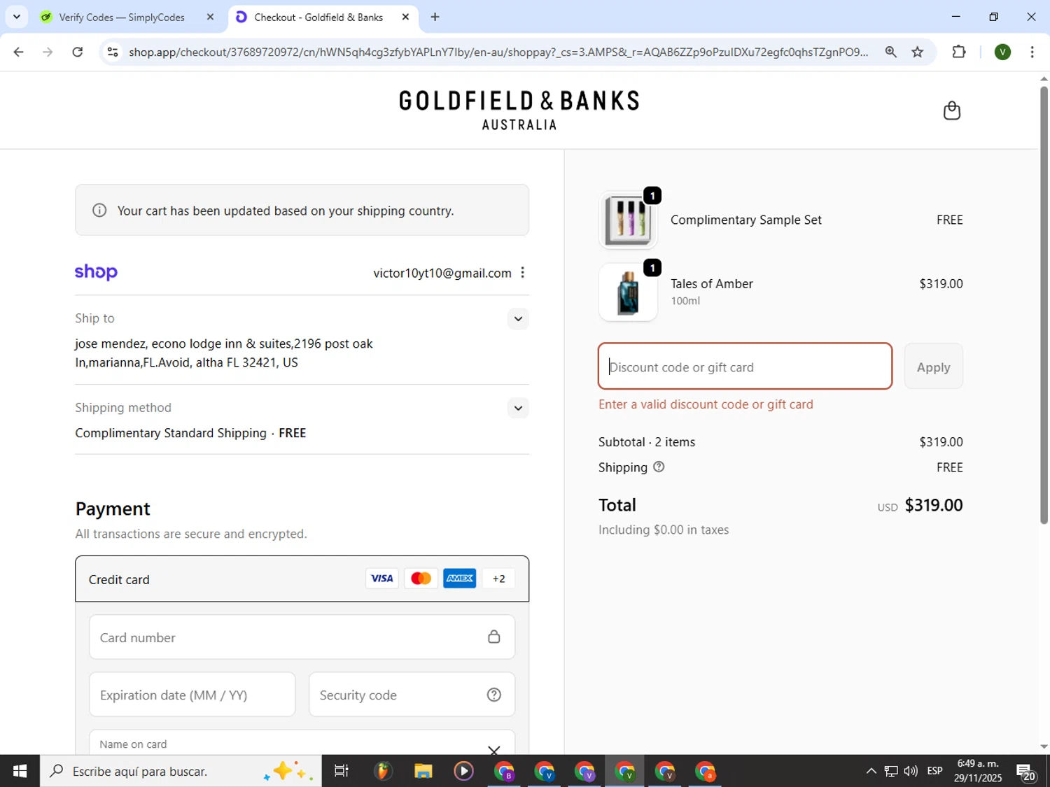 Goldfield & Banks promo code screenshot showing code VIP20 applied at Goldfield & Banks checkout page. Uploaded by SimplyCodes community member PrimeWizard4168 on Nov 29, 2025