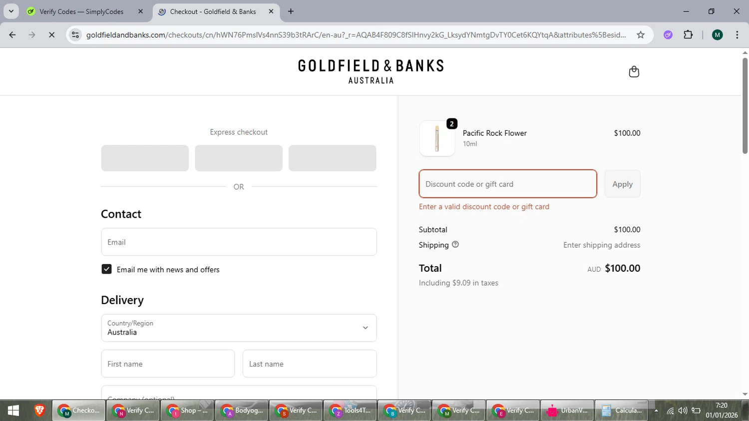 Goldfield & Banks promo code screenshot showing code VIP20 applied at Goldfield & Banks checkout page. Uploaded by SimplyCodes community member suieeloves on Jan 1, 2026