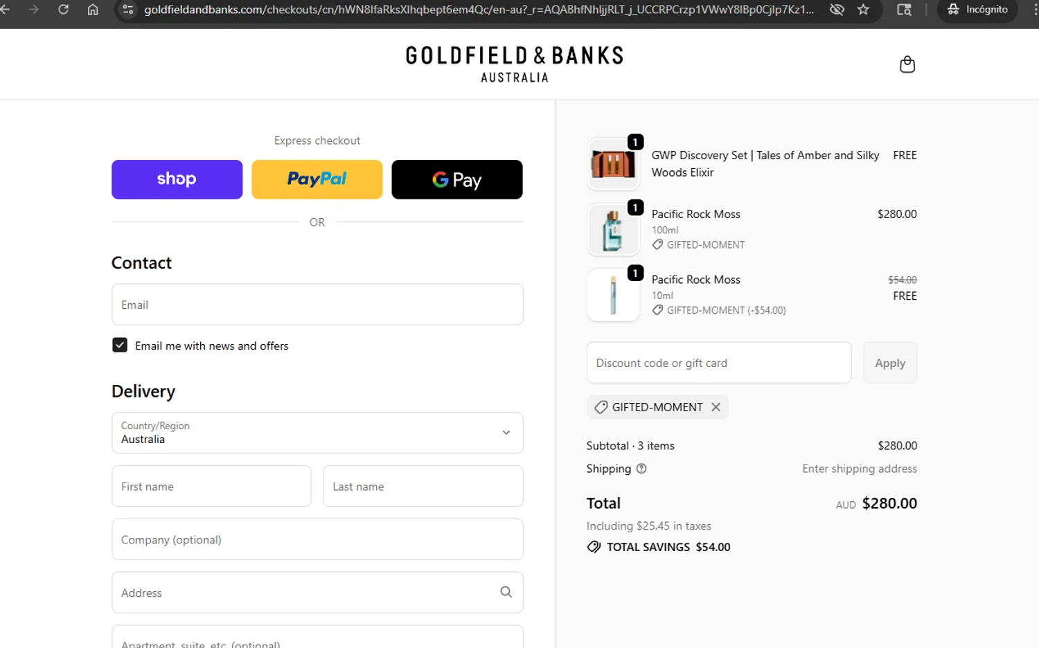 Goldfield & Banks promo code screenshot showing code GIFTED-MOMENT applied at Goldfield & Banks checkout page. Uploaded by SimplyCodes community member Jmhernand1 on Feb 2, 2026