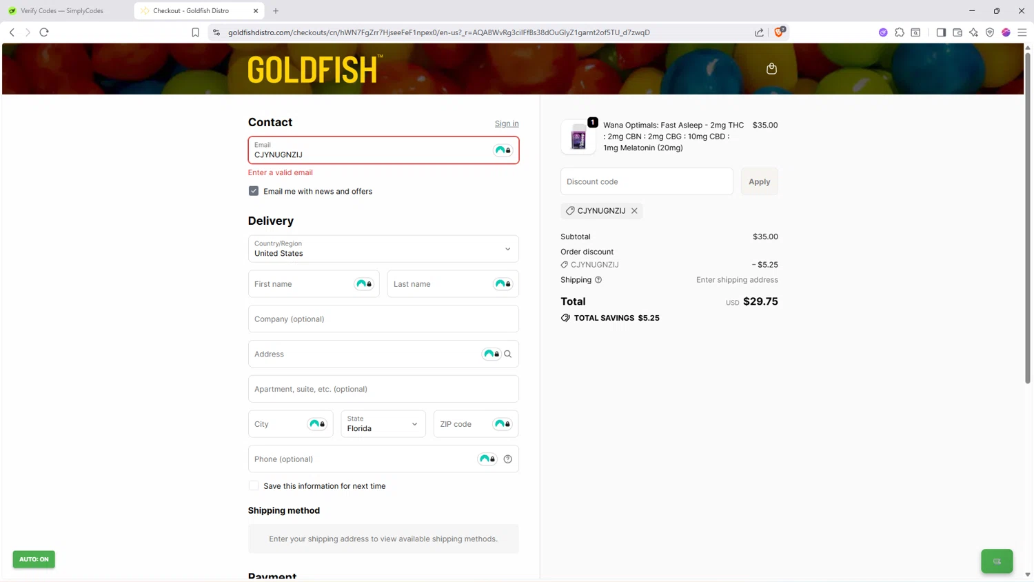 Goldfish checkout page showing Goldfish promo code box | Screenshot taken by SimplyCodes community member on Jan 5, 2026