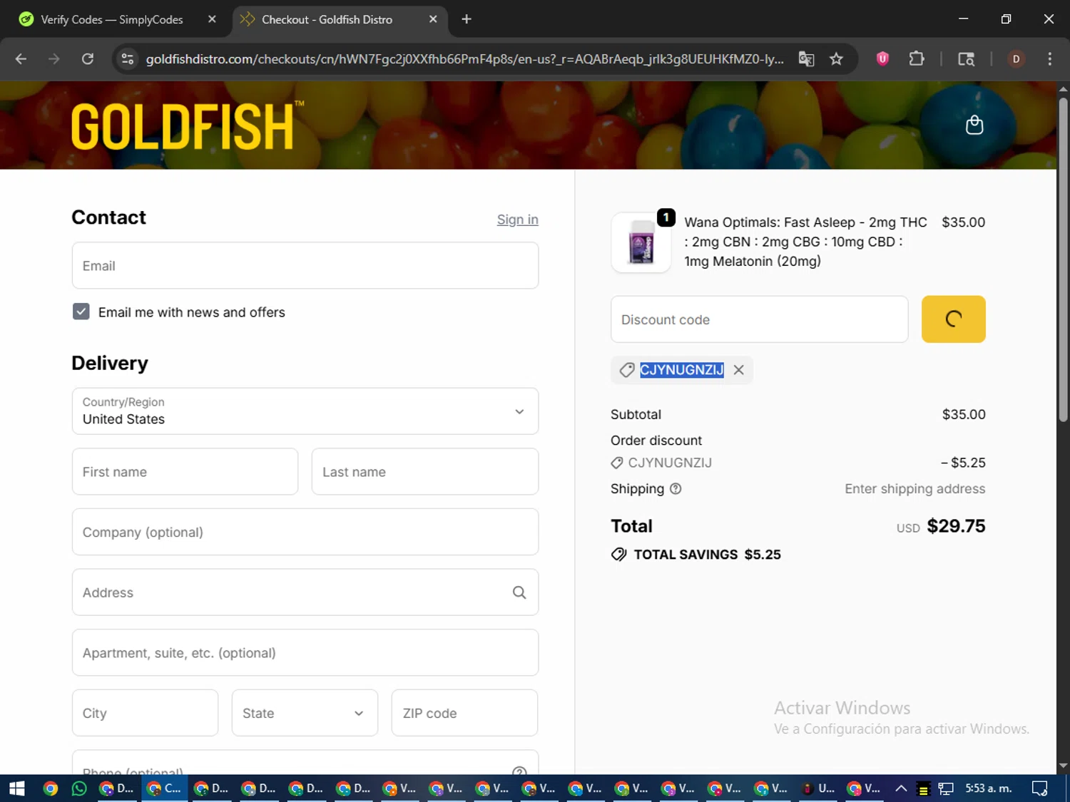 Goldfish checkout page showing Goldfish promo code box | Screenshot taken by SimplyCodes community member on Jan 5, 2026