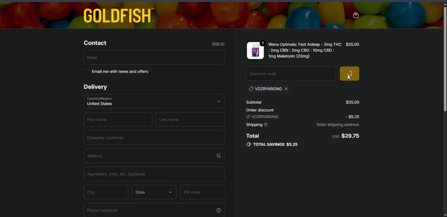 Goldfish promo code screenshot showing code VOZRYARGNG applied at Goldfish checkout page. Uploaded by SimplyCodes community member Nor_man on Dec 30, 2025