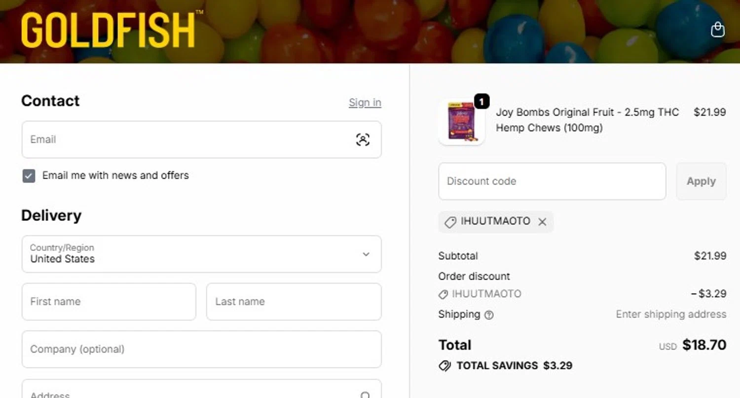 Goldfish promo code screenshot showing code IHUUTMAOTO applied at Goldfish checkout page. Uploaded by SimplyCodes community member mandrakke on Jan 5, 2026
