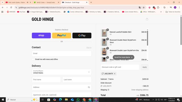 Gold Hinge checkout page showing Gold Hinge discount code box | Screenshot taken by SimplyCodes community member on Sep 11, 2025