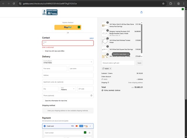 Goldia checkout page showing Goldia discount code box | Screenshot taken by SimplyCodes community member on Aug 30, 2025