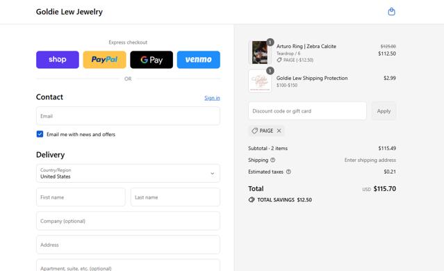 Goldie Lew checkout page showing Goldie Lew discount code box | Screenshot taken by SimplyCodes community member on Sep 15, 2025