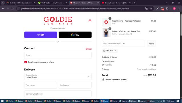 Goldie Tees checkout page showing Goldie Tees promo code box | Screenshot taken by SimplyCodes community member on Sep 11, 2025
