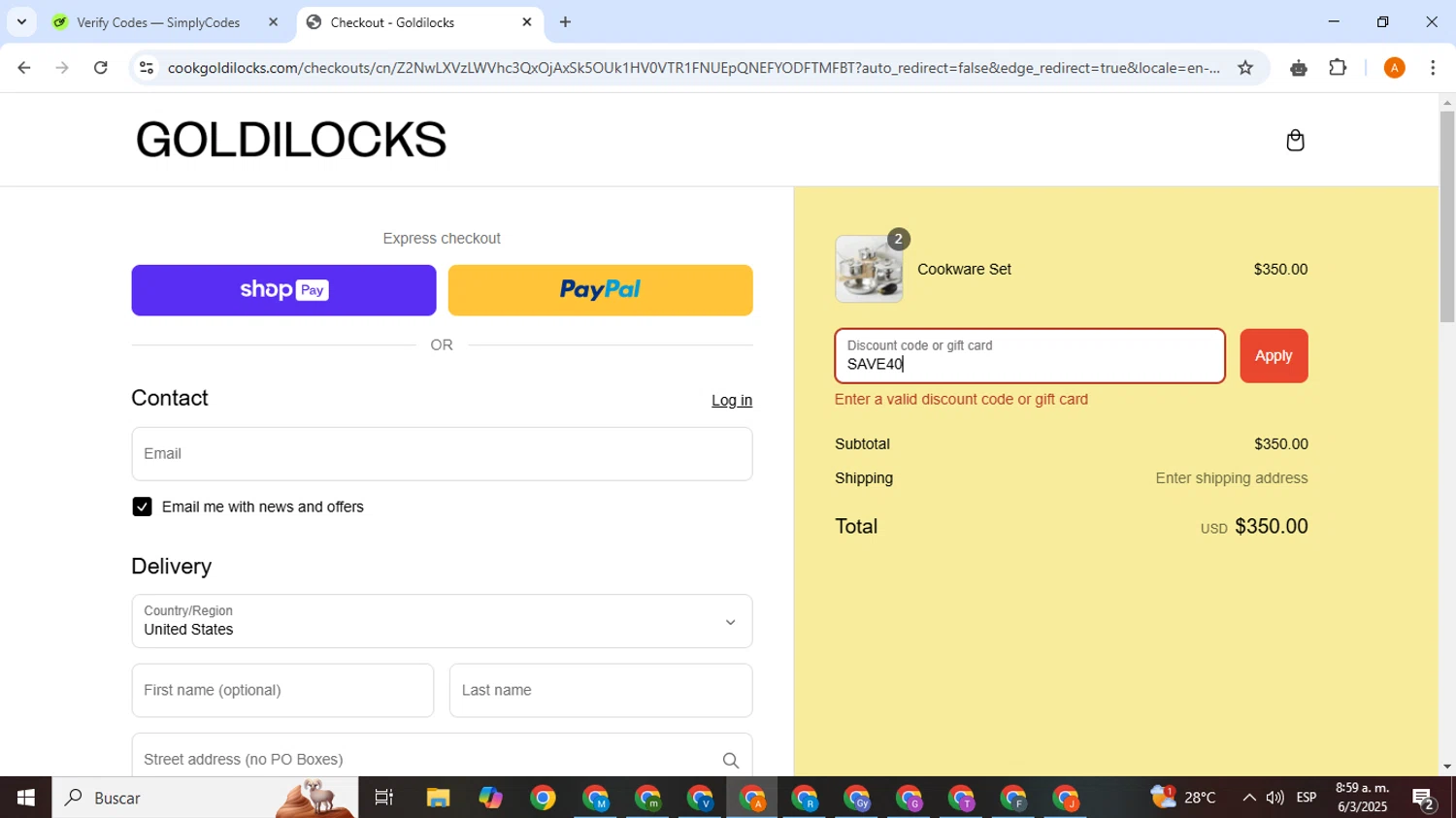 Goldilocks discount code screenshot showing code SAVE40 applied at Goldilocks checkout page. Uploaded by SimplyCodes community member SmartSaver1325 on Mar 6, 2025