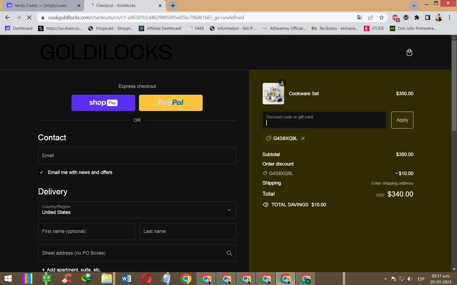 Goldilocks checkout page showing Goldilocks discount code box | Screenshot taken by SimplyCodes community member on Mar 5, 2024