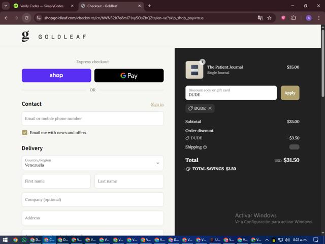 Gold Leaf checkout page showing Gold Leaf promo code box | Screenshot taken by SimplyCodes community member on Sep 16, 2025