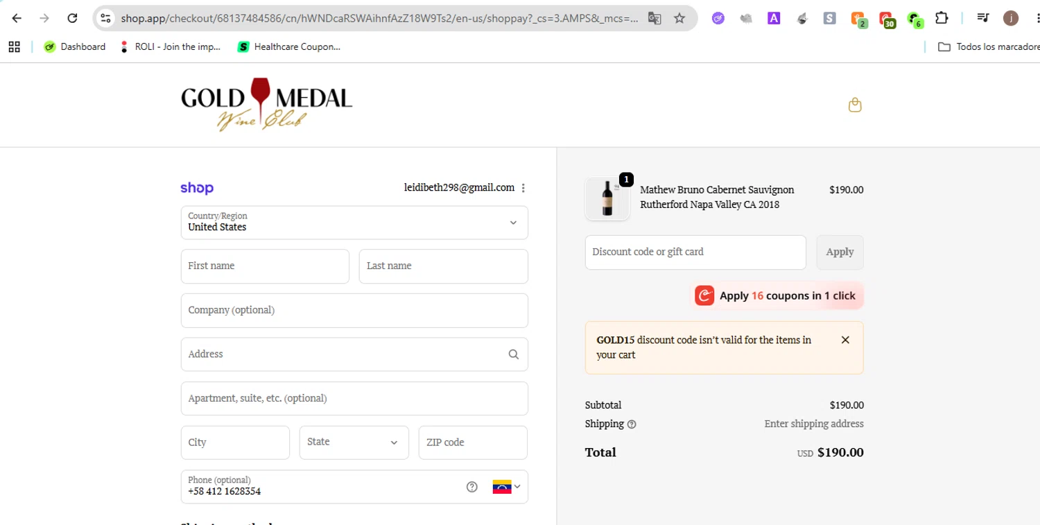 Gold Medal Wine Club promo code screenshot showing code GOLD15 applied at Gold Medal Wine Club checkout page. Uploaded by SimplyCodes community member Jose29 on Jun 22, 2026