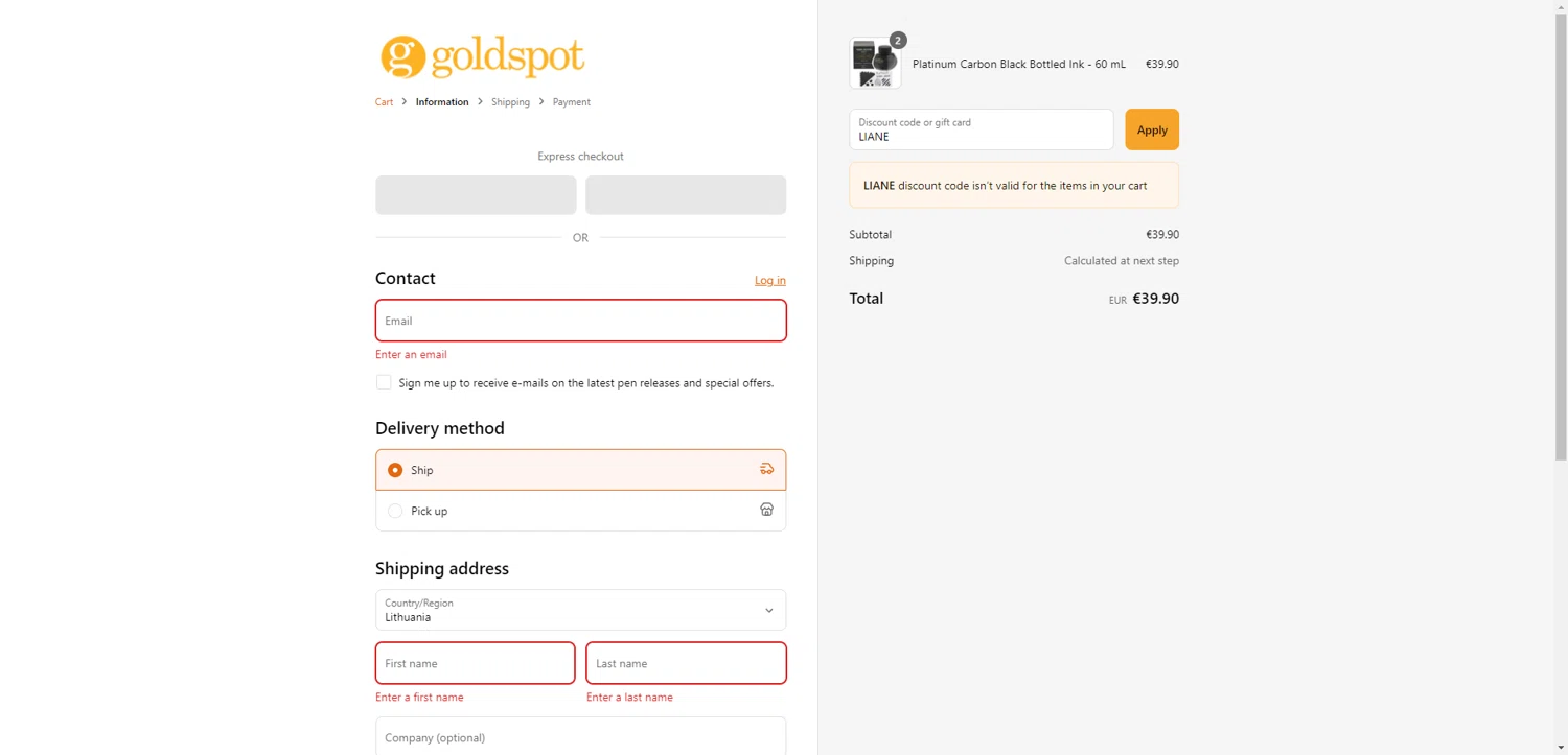 Goldspot Pens discount code screenshot showing code LIANE applied at Goldspot Pens checkout page. Uploaded by SimplyCodes community member CrownTiger6508 on Sep 2, 2025