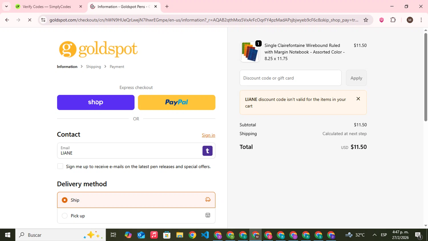 Goldspot Pens promo code screenshot showing code LIANE applied at Goldspot Pens checkout page. Uploaded by SimplyCodes community member WonderWizard9060 on Feb 27, 2026