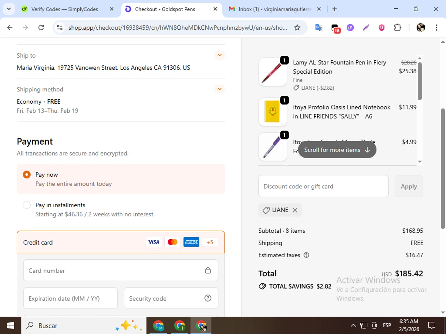 Goldspot Pens checkout page showing Goldspot Pens discount code box | Screenshot taken by SimplyCodes community member on Feb 5, 2026