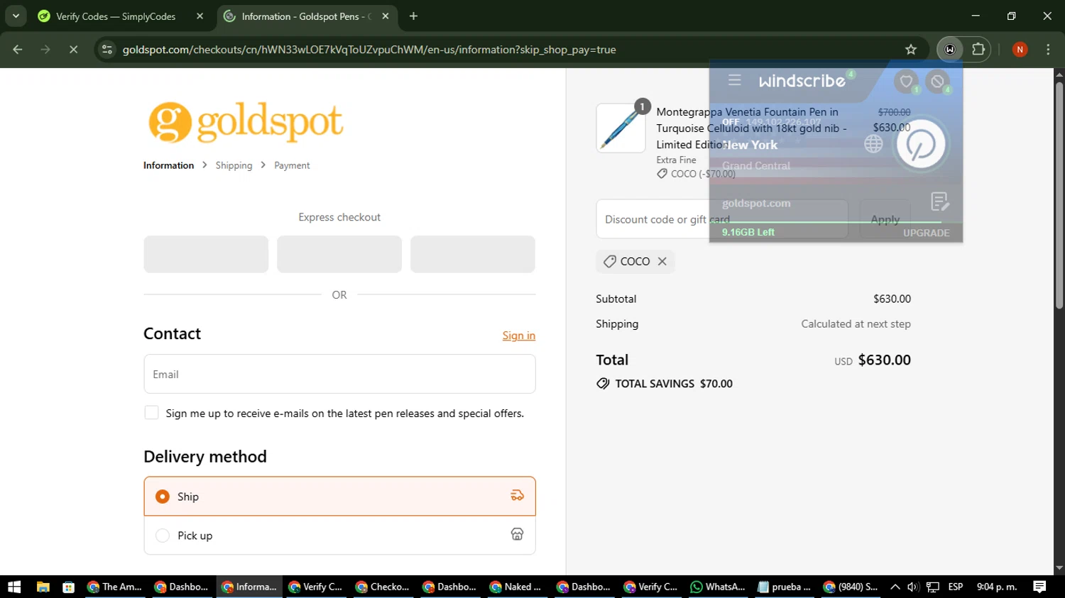 Goldspot Pens discount code screenshot showing code Coco applied at Goldspot Pens checkout page. Uploaded by SimplyCodes community member MagnificentScout194 on Sep 17, 2025