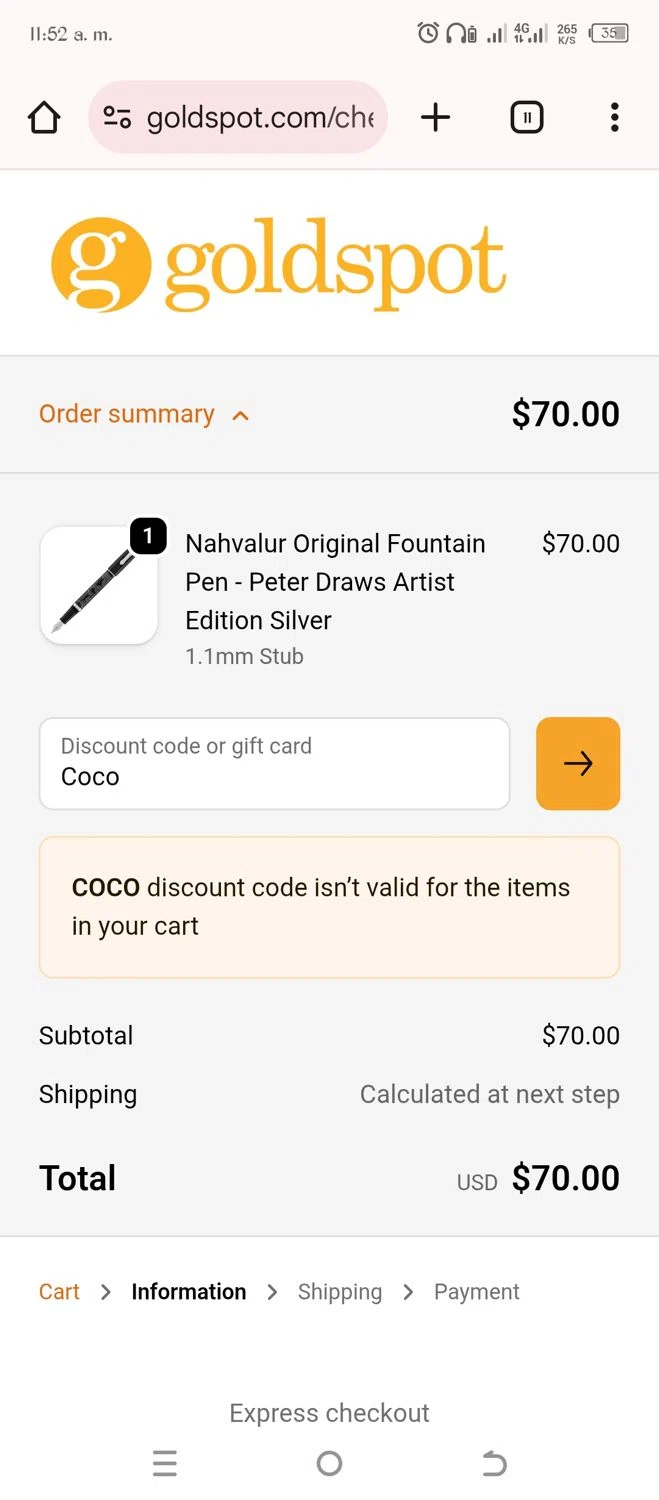 Goldspot Pens discount code screenshot showing code Coco applied at Goldspot Pens checkout page. Uploaded by SimplyCodes community member SARAI13 on Sep 25, 2025