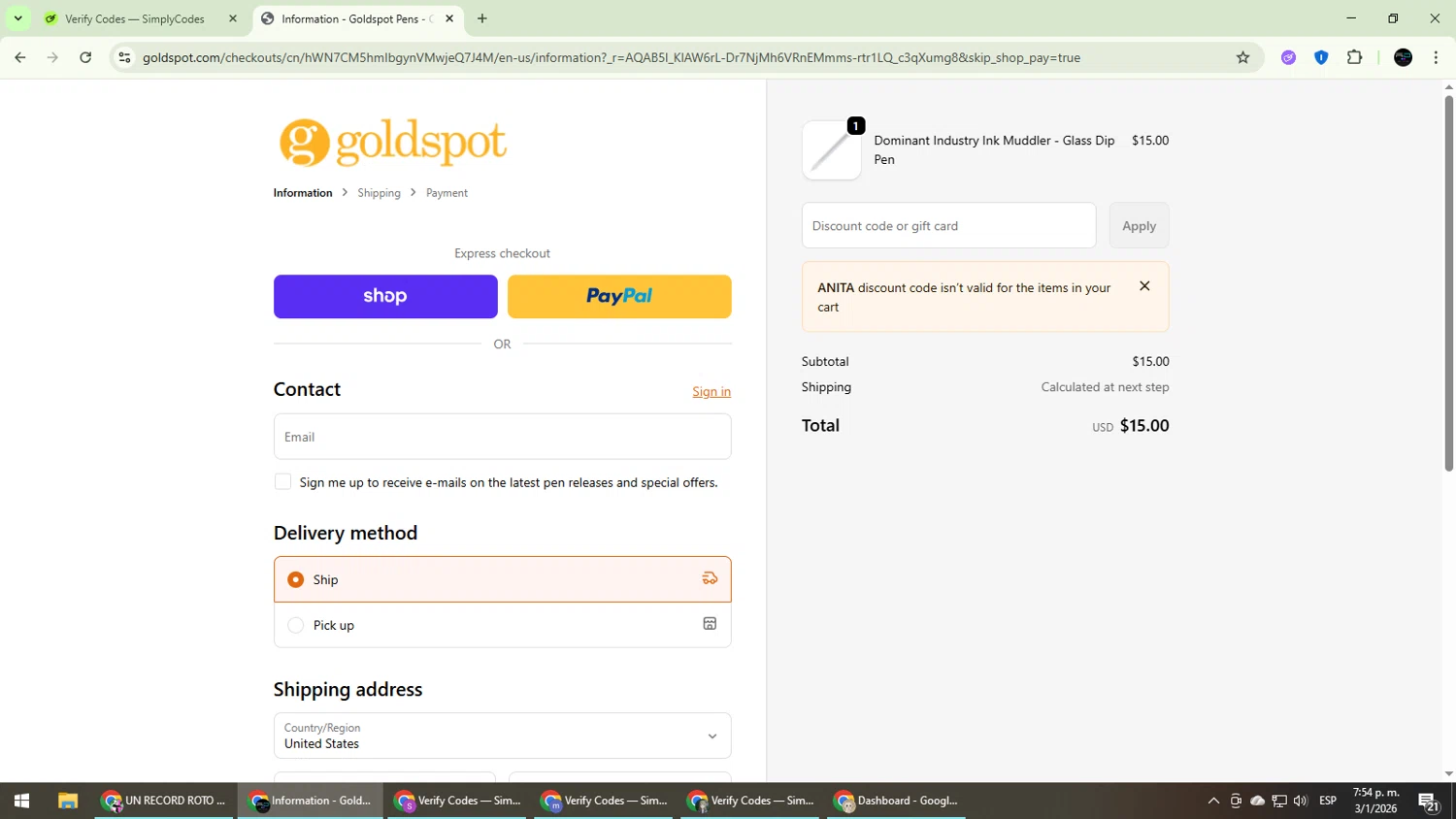Goldspot Pens discount code screenshot showing code ANITA applied at Goldspot Pens checkout page. Uploaded by SimplyCodes community member CarmenVGR on Jan 3, 2026