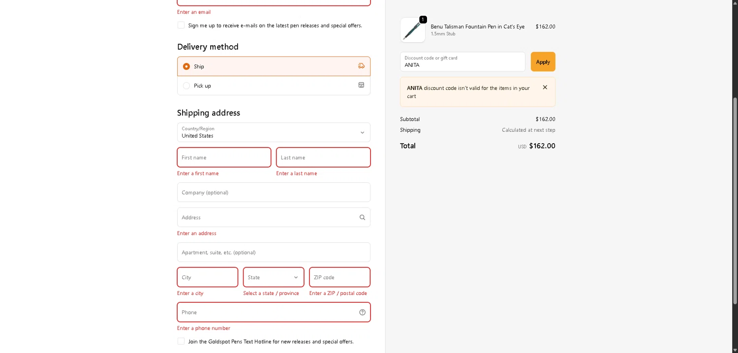 Goldspot Pens discount code screenshot showing code ANITA applied at Goldspot Pens checkout page. Uploaded by SimplyCodes community member aver_136263192 on Dec 6, 2025