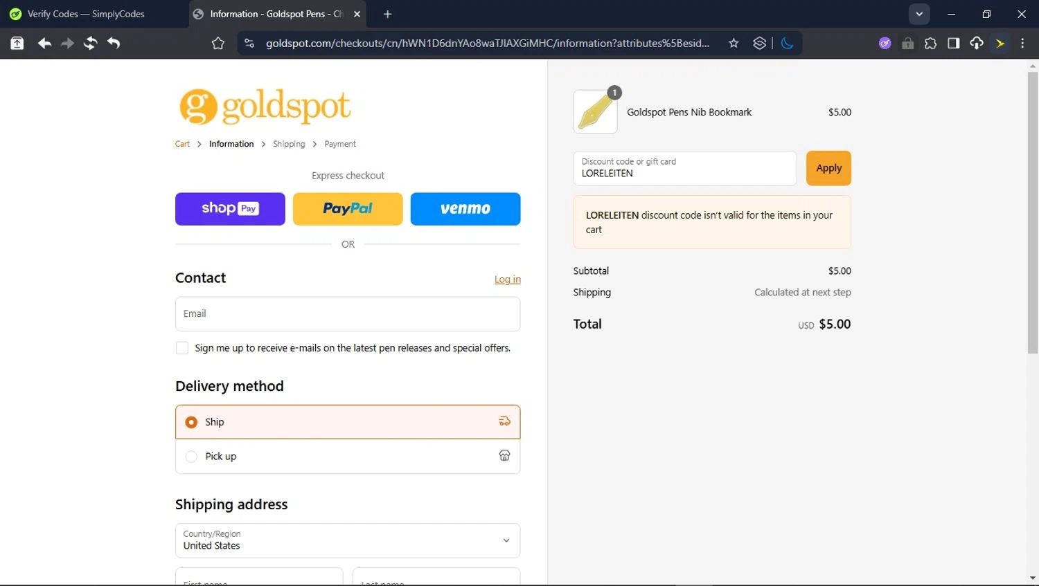 Goldspot Pens discount code screenshot showing code LORELEITEN applied at Goldspot Pens checkout page. Uploaded by SimplyCodes community member DealVirtuoso2241 on Jul 30, 2025