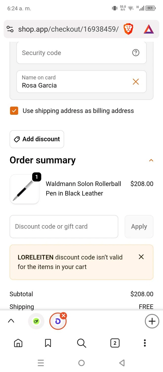 Goldspot Pens checkout page showing Goldspot Pens discount code box | Screenshot taken by SimplyCodes community member on Feb 5, 2026