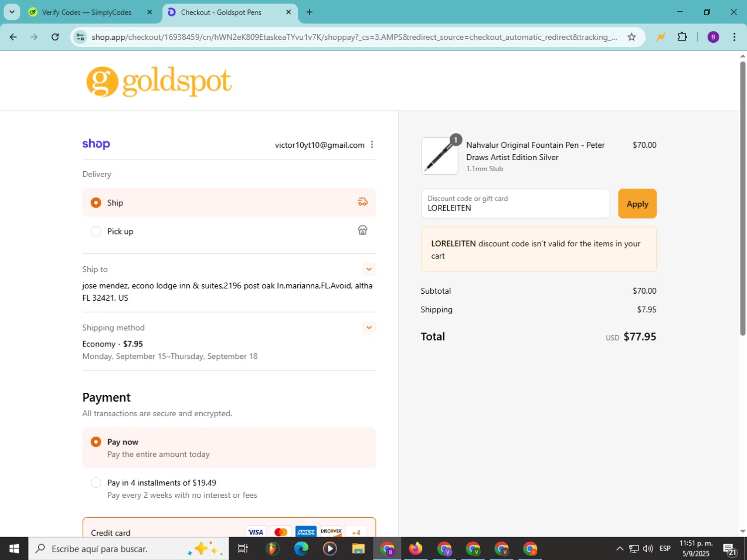 Goldspot Pens discount code screenshot showing code LORELEITEN applied at Goldspot Pens checkout page. Uploaded by SimplyCodes community member Soyvictor on Sep 6, 2025