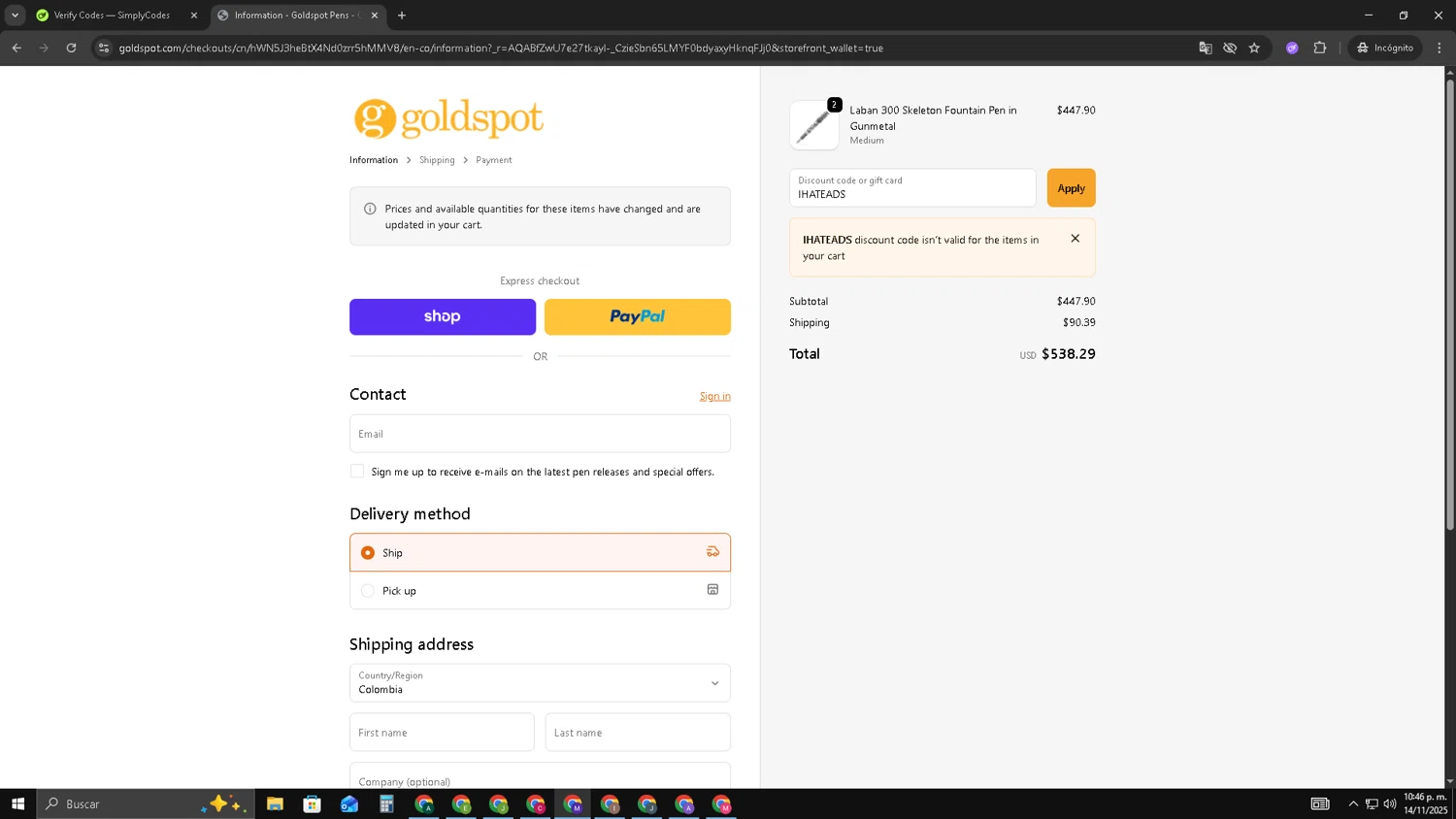 Goldspot Pens discount code screenshot showing code IHATEADS applied at Goldspot Pens checkout page. Uploaded by SimplyCodes community member CRF250CC on Nov 15, 2025