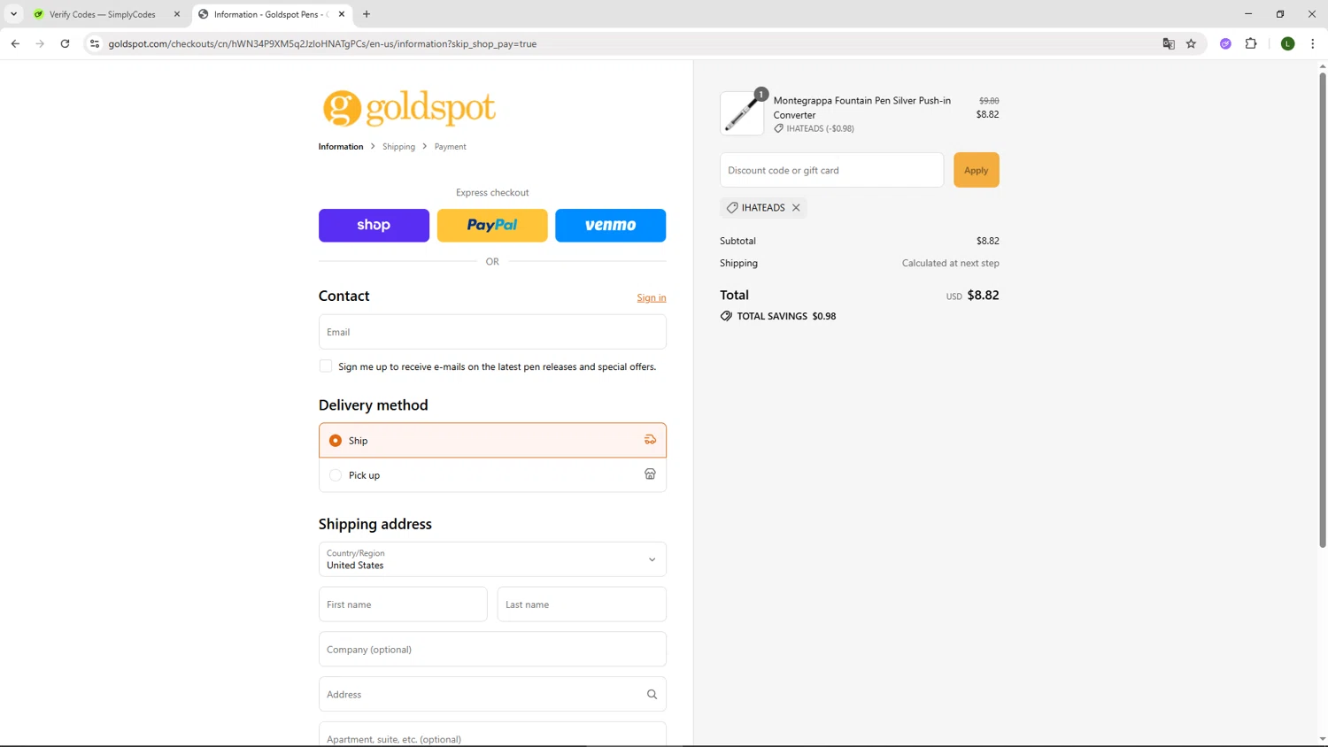 Goldspot Pens discount code screenshot showing code IHATEADS applied at Goldspot Pens checkout page. Uploaded by SimplyCodes community member DUCATI on Sep 17, 2025