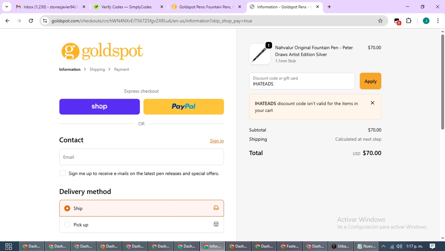 Goldspot Pens discount code screenshot showing code IHATEADS applied at Goldspot Pens checkout page. Uploaded by SimplyCodes community member SavvyCurator1770 on Oct 21, 2025