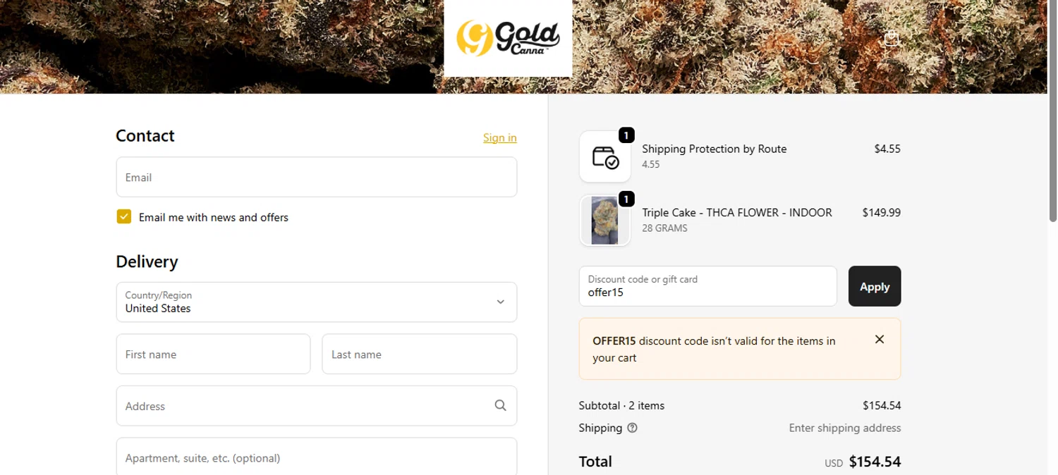 Gold Standard CBD discount code screenshot showing code offer15 applied at Gold Standard CBD checkout page. Uploaded by SimplyCodes community member negrita on Oct 14, 2025