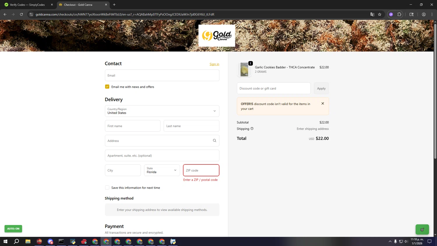 Gold Standard CBD discount code screenshot showing code offer15 applied at Gold Standard CBD checkout page. Uploaded by SimplyCodes community member aaaaaaaaaaaaaaaa on Jan 2, 2026