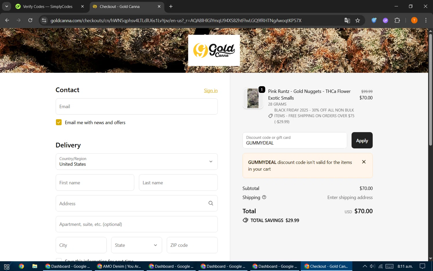 Gold Standard CBD discount code screenshot showing code GUMMYDEAL applied at Gold Standard CBD checkout page. Uploaded by SimplyCodes community member EpicHero3141 on Nov 29, 2025