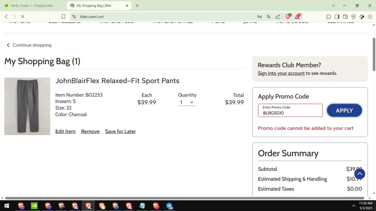 Gold Violin coupon code screenshot showing code BLRGSG10 applied at Gold Violin checkout page. Uploaded by SimplyCodes community member Aguaita_coco on May 3, 2025