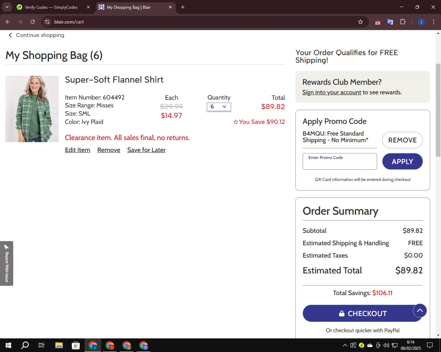 Gold Violin coupon code screenshot showing code B4MQU applied at Gold Violin checkout page. Uploaded by SimplyCodes community member CashLegend3767 on Feb 6, 2025